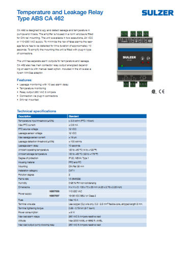 Sulzer ABS CA 462 Relay Data Sheet